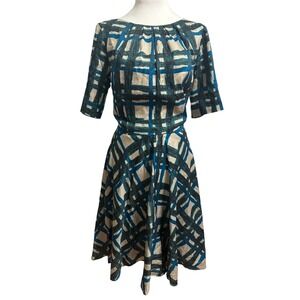 Boden Amy sz 10 plaid retro feel dress blue green fit flare preppy madmen‎  fall